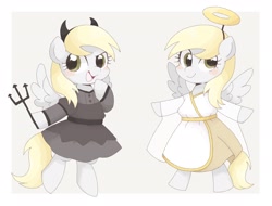 Size: 2048x1560 | Tagged: safe, artist:ginmaruxx, derpibooru import, derpy hooves, angel, pegasus, pony, bipedal, blushing, clothes, commission, costume, cute, derpabetes, devil horns, duo, duo female, female, halo, hoof hold, horn, horns, looking at you, mare, open mouth, open smile, pitchfork, self paradox, self ponidox, smiling, smiling at you, wings
