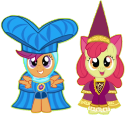 Size: 698x637 | Tagged: safe, artist:darlycatmake, derpibooru import, apple bloom, scootaloo, earth pony, pegasus, pony, for whom the sweetie belle toils, beautiful, beautiful eyes, big smile, clothes, couple, dress, dressup, female, happy, hat, hennin, implied lesbian, implied shipping, jewelry, lesbian, long hair, long mane, looking at someone, looking at you, looking up, medieval, necklace, open mouth, playful, playing, princess, princess apple bloom, princess hat, school play, scootabloom, shipping, simple background, smiling, smiling at you, transparent background