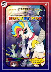 Size: 935x1323 | Tagged: safe, artist:calena, derpibooru import, oc, oc only, oc:rocket pop, earth pony, pony, bipedal, circus, circus olé, drums, drumsticks, earth pony oc, electric guitar, fireworks, guitar, looking at you, musical instrument, poster, signature, stars