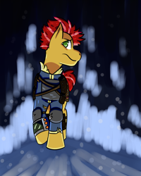 Size: 800x1000 | Tagged: safe, artist:hiddenfaithy, derpibooru import, oc, oc only, oc:blaze, earth pony, pony, fallout equestria, armor, armored pony, dramatic lighting, fallout equestria: uncertain ties, old art is old, simple background, solo, walking towards you
