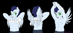 Size: 3555x1632 | Tagged: safe, artist:thehuskylord, derpibooru import, soarin', anthro, pegasus, abs, clothes, masculine, muscles, shirt, undressing, wings