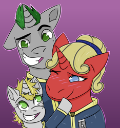 Size: 1500x1600 | Tagged: safe, artist:hiddenfaithy, derpibooru import, oc, oc only, oc:flare, oc:misty sparks, oc:silver shock, pony, unicorn, fallout equestria, clothes, fallout equestria: uncertain ties, family photo, father and child, father and daughter, female, foal, jumpsuit, male, mother and child, mother and daughter, old art is old, parent and child, simple background, trio, vault suit