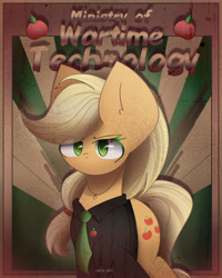 Size: 2000x2500 | Tagged: safe, artist:miryelis, derpibooru import, applejack, earth pony, pony, fallout equestria, apple, clothes, food, hat, looking at you, ministry mares, ministry of wartime technology, necktie, poster, solo, suit