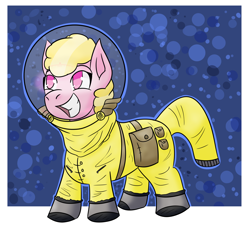 Size: 1850x1724 | Tagged: safe, artist:hiddenfaithy, derpibooru import, oc, oc only, oc:puppysmiles, earth pony, pony, fallout equestria, fallout equestria: pink eyes, canterlot ghoul, fanfic art, foal, hazmat suit, old art is old, simple background, solo