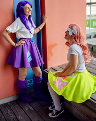 Size: 1713x2159 | Tagged: safe, derpibooru import, fluttershy, rarity, human, equestria girls, clothes, converse, cosplay, costume, duo, hand on hip, irl, irl human, photo, shoes, sitting, sneakers