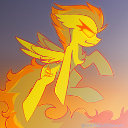 Size: 1640x1639 | Tagged: safe, artist:bluemoon, derpibooru import, spitfire, pegasus, pony, flying, sky, solo, spread wings, sunset, wings