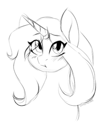 Size: 465x548 | Tagged: safe, artist:chickenbrony, derpibooru import, oc, oc only, oc:blue haze, pony, unicorn, :t, black and white, blushing, eye clipping through hair, grayscale, monochrome, pouting, simple background, sketch