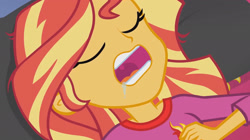 Size: 2048x1144 | Tagged: safe, derpibooru import, screencap, sunset shimmer, better together, equestria girls, wake up!, blanket, clothes, drool, eyes closed, open mouth, pajamas, sleeping, snoring, solo, uvula