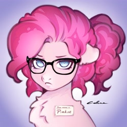 Size: 4096x4096 | Tagged: safe, artist:eltaile, derpibooru import, pinkie pie, earth pony, pony, alternate hairstyle, bust, chest fluff, cute, female, frown, glasses, looking at you, mare, name tag, simple background, solo