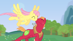 Size: 2500x1400 | Tagged: safe, artist:anarchemitis, derpibooru import, big macintosh, fluttershy, earth pony, pegasus, pony, cropped, cute, eyes closed, female, fluttermac, flying, kissing, male, mare, running, shipping, spread wings, stallion, straight, windswept mane, wings