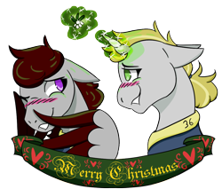 Size: 1000x850 | Tagged: safe, artist:hiddenfaithy, derpibooru import, oc, oc only, oc:misty sparks, oc:skyfire, pegasus, pony, unicorn, fallout equestria, banner, blushing, christmas, colored wings, duo, ears, fallout equestria: uncertain ties, flirting, flirty, floppy ears, happy hearth's warming, hiding behind wing, holiday, magic, merry christmas, mistletoe, old art is old, shy, simple background, telekinesis, transparent background, two toned wings, wings