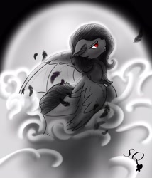 Size: 3077x3601 | Tagged: safe, artist:snow quill, derpibooru import, fluttershy, bat pony, pony, bat ponified, cloud, ears, feather, floppy ears, flutterbat, flying, grayscale, monochrome, moon, night, partial color, race swap, red eyes, solo, species swap