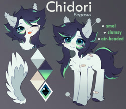 Size: 1280x1114 | Tagged: safe, artist:astralblues, derpibooru import, oc, oc only, oc:chidori, pegasus, pony, bandage, cheek fluff, chest fluff, ear fluff, ear tufts, ears, female, gray background, mare, reference sheet, simple background, solo, tongue, tongue out