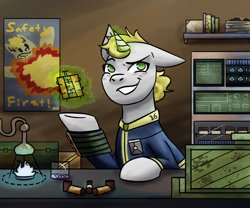 Size: 1200x1000 | Tagged: safe, artist:hiddenfaithy, derpibooru import, oc, oc only, oc:misty sparks, pony, unicorn, fallout equestria, cash register, chemistry, chems, drugs, fallout equestria: uncertain ties, floating, magic, redraw, smug, solo, telekinesis
