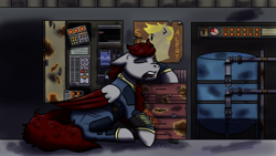 Size: 2303x1300 | Tagged: safe, artist:hiddenfaithy, derpibooru import, oc, oc only, oc:skyfire, pegasus, pony, fallout equestria, clothes, colored wings, colored wingtips, commission, fallout equestria: uncertain ties, jumpsuit, repairing, sleeping, solo, toolbox, tools, vault suit, wings