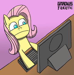 Size: 878x893 | Tagged: safe, artist:gradiusfanatic, derpibooru import, fluttershy, pegasus, pony, computer, female, keyboard, leaning back, reaction image, solo