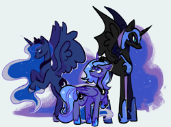 Size: 2504x1851 | Tagged: safe, artist:higuysimgrace, derpibooru import, nightmare moon, princess luna, alicorn, pony, female, jewelry, lunar trinity, mare, multeity, regalia, s1 luna, simple background, white background