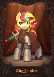 Size: 1668x2388 | Tagged: safe, artist:dipfanken, derpibooru import, sunset shimmer, pony, unicorn, armor, magic, magic aura, solo, sunset cosplay flashmob, sword, weapon