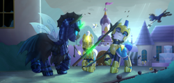 Size: 4000x1916 | Tagged: safe, artist:dipfanken, derpibooru import, oc, oc only, oc:captain black lotus, changeling, earth pony, pegasus, pony, unicorn, armor, crossbow, flail, halberd, royal guard, spear, sword, weapon