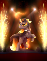 Size: 3089x4000 | Tagged: safe, artist:dipfanken, derpibooru import, oc, oc only, pony, unicorn, bowtie, cape, magician, pyrotechnics, solo, stage