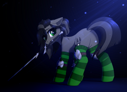 Size: 2000x1457 | Tagged: safe, artist:dipfanken, derpibooru import, oc, oc only, earth pony, pony, clothes, mouth hold, socks, solo, striped socks, sword, weapon, zweihander