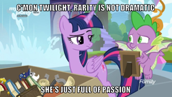 Size: 1066x600 | Tagged: safe, derpibooru import, edit, edited screencap, editor:twi clown, screencap, spike, twilight sparkle, twilight sparkle (alicorn), alicorn, dragon, pony, the point of no return, book, box, caption, duo, female, image macro, implied marshmelodrama, implied rarity, mare, picture frame, text, unamused, waterfall, winged spike, wings