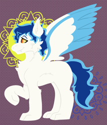 Size: 984x1149 | Tagged: safe, artist:hiddenfaithy, derpibooru import, oc, oc only, oc:aurora, pegasus, pony, chest fluff, colored wings, colored wingtips, ear fluff, ears, fluffy, hock fluff, lineless, mandala, paws, simple background, solo, were-pony, wings