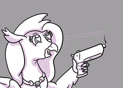 Size: 2100x1500 | Tagged: safe, artist:hemlock conium, derpibooru import, silverstream, hippogriff, digital art, female, gun, meme, monochrome, power of the gun, shading, simple background, solo, text, weapon