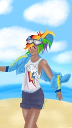 Size: 1152x2048 | Tagged: safe, artist:09thorax, artist:thorax_09, derpibooru import, rainbow dash, human, beach, clothes, female, goggles on head, humanized, kotobukiya, kotobukiya rainbow dash, shorts, sleeveless, solo, tanktop