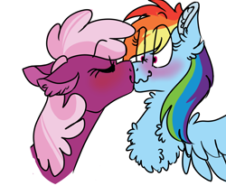 Size: 1600x1320 | Tagged: safe, artist:asexual-armadillo, derpibooru import, cheerilee, rainbow dash, earth pony, pegasus, pony, blue coat, blushing, cheeridash, chest fluff, crack shipping, ear fluff, ears, eye clipping through hair, eyes closed, eyes open, female, lesbian, lesbian dash, multicolored mane, neck fluff, pink coat, pink eyes, pink mane, shipping, shocked, simple background, spread wings, wavy mouth, white background, wings