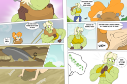 Size: 3931x2599 | Tagged: safe, artist:matchstickman, derpibooru import, granny smith, pear butter, anthro, earth pony, comic:the other side, abs, back muscles, biceps, breasts, busty granny smith, clothes, comic, deltoids, dialogue, duo, farm, female, granny smash, mare, muscles, muscular female, pecs, speech bubble, teenager, vomit, vomiting, yoke, young granny smith, younger