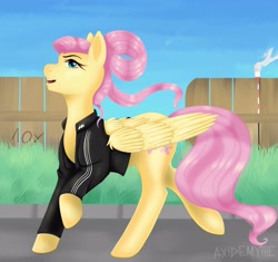 Size: 2936x2757 | Tagged: safe, artist:axidemythe, derpibooru import, fluttershy, pegasus, adidas, alternate hairstyle, clothes, complex background, gopnik, shirt, solo