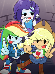 Size: 836x1110 | Tagged: safe, artist:batipin, derpibooru import, applejack, rainbow dash, rarity, equestria girls, chibi, converse, friday night funkin', microphone, open mouth, rarity peplum dress, shoes