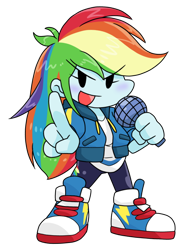 Size: 634x870 | Tagged: safe, alternate version, artist:batipin, derpibooru import, rainbow dash, equestria girls, chibi, clothes, converse, friday night funkin', microphone, open mouth, shoes, simple background, transparent background