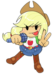 Size: 631x898 | Tagged: safe, alternate version, artist:batipin, derpibooru import, applejack, equestria girls, chibi, clothes, friday night funkin', microphone, open mouth, peace sign, shoes, simple background, transparent background