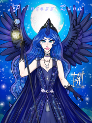 Size: 1024x1366 | Tagged: safe, artist:ladyadalicia, derpibooru import, princess luna, human, alicorn humanization, clothes, dress, ethereal mane, evening gloves, female, full moon, gloves, halo, horn, horned humanization, humanized, jewelry, lantern, long gloves, moon, moon halo, solo, spread wings, starry mane, stars, tiara, winged humanization, wings