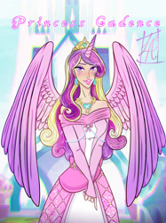 Size: 1280x1708 | Tagged: safe, artist:ladyadalicia, derpibooru import, princess cadance, human, alicorn humanization, clothes, crystal empire, dress, female, horn, horned humanization, humanized, jewelry, necklace, outdoors, smiling, solo, winged humanization, wings