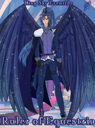 Size: 1280x1708 | Tagged: safe, artist:ladyadalicia, derpibooru import, oc, oc only, alicorn, human, alicorn humanization, alicorn oc, clothes, horn, horned humanization, humanized, male, pants, solo, starry wings, story included, winged humanization, wings