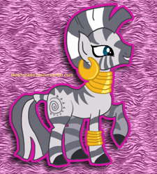 Size: 632x703 | Tagged: safe, artist:rlynn-art, derpibooru import, zebra, abstract background, bracelet, ear piercing, earring, female, grin, jewelry, mare, neck rings, piercing, raised hoof, raised leg, smiling, solo