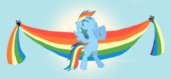 Size: 1111x514 | Tagged: safe, artist:rlynn-art, derpibooru import, rainbow dash, pegasus, pony, bipedal, eyes closed, female, mare, smiling, wings