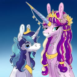 Size: 2000x2000 | Tagged: safe, artist:xaneyraccoon, derpibooru import, princess cadance, shining armor, alicorn, pony, unicorn, duo, ear fluff, ears, female, gradient background, horn, horn jewelry, jewelry, male, mare, peytral, stallion