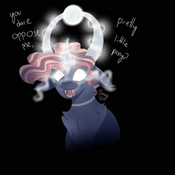 Size: 2000x2000 | Tagged: safe, artist:xaneyraccoon, derpibooru import, oc, oc only, pony, black background, bust, chest fluff, glowing, glowing eyes, glowing horn, horn, sharp teeth, simple background, solo, sombra eyes, talking, teeth