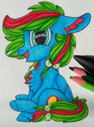 Size: 1036x1411 | Tagged: safe, artist:moonert, derpibooru import, oc, oc only, pegasus, pony, chest fluff, ear fluff, ears, eyelashes, female, mare, open mouth, pegasus oc, sitting, smiling, solo, traditional art