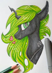 Size: 918x1282 | Tagged: safe, artist:moonert, derpibooru import, oc, oc only, changeling, changeling queen, bust, changeling queen oc, green changeling, heart, solo, traditional art