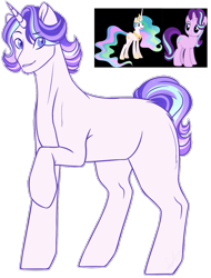 Size: 903x1188 | Tagged: safe, artist:purplegrim40, derpibooru import, princess celestia, starlight glimmer, oc, oc only, pony, unicorn, horn, male, parent:princess celestia, parent:starlight glimmer, raised hoof, raised leg, simple background, stallion, transparent background, unicorn oc