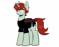 Size: 3445x2756 | Tagged: safe, artist:mxmx fw, derpibooru import, oc, oc only, oc:mxmx fw, bat pony, hybrid, pony, unicorn, bat pony oc, bat pony unicorn, bat wings, clothes, ear fluff, ears, eyebrows, eyebrows visible through hair, fangs, horn, male, redesign, sad, simple background, solo, white background, wings