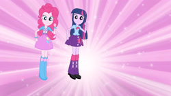 Size: 3410x1920 | Tagged: safe, derpibooru import, screencap, pinkie pie, twilight sparkle, equestria girls, boots, clothes, cutie mark on clothes, duo, duo female, eg stomp, female, shoes, smiling