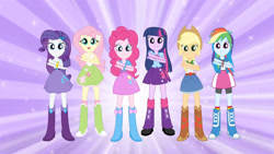 Size: 3410x1920 | Tagged: safe, derpibooru import, screencap, applejack, fluttershy, pinkie pie, rainbow dash, rarity, twilight sparkle, equestria girls, applejack's hat, belt, boots, bracelet, clothes, cowboy boots, cowboy hat, cutie mark on clothes, dancing, denim skirt, eg stomp, female, grin, hairpin, hat, humane five, humane six, jewelry, looking at you, magic of friendship (equestria girls), open mouth, open smile, shoes, skirt, smiling, smiling at you