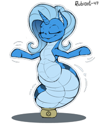 Size: 1600x2000 | Tagged: safe, artist:rubiont, derpibooru import, oc, oc only, oc:triksa, original species, pony, snake, snake pony, cute, dancing, eyes closed, fat, fat tail, horn, scp, scp foundation, simple background, smiling, snake pot, solo, tail, transparent background