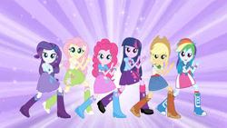 Size: 3410x1920 | Tagged: safe, derpibooru import, screencap, applejack, fluttershy, pinkie pie, rainbow dash, rarity, twilight sparkle, equestria girls, >:d, applejack's hat, belt, boots, bracelet, clothes, cowboy boots, cowboy hat, cutie mark on clothes, denim skirt, eg stomp, evil grin, female, grin, hairpin, hat, humane five, humane six, jewelry, magic of friendship (equestria girls), open mouth, open smile, shoes, skirt, smiling